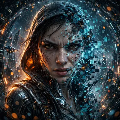 sci-fi concept art portrait of a hologram thief dissolving into pixels, half-lit by the city's glow. Sodium-orange rim light sculpt the chrome and