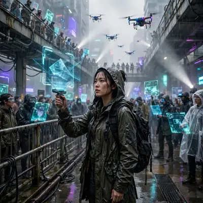 protesters with holographic signs on a skybridge, police drones, rain and searchlights, Gritty cyberpunk concept art, cinematic. Soft diffused