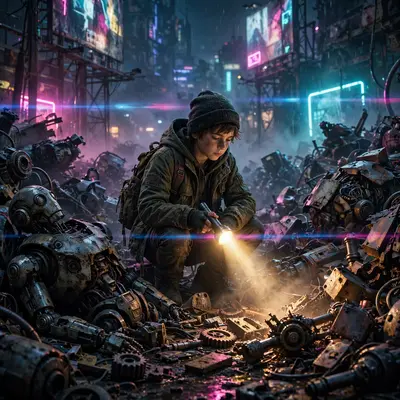 a junkyard of dead robots under flickering billboards, a scavenger kid with a flashlight, Gritty cyberpunk concept art, cinematic. Neon-drenched