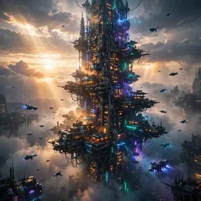 a massive arcology tower piercing the clouds at dawn, tiny windows lit, flying traffic, Gritty cyberpunk concept art, cinematic. Ethereal volumetric