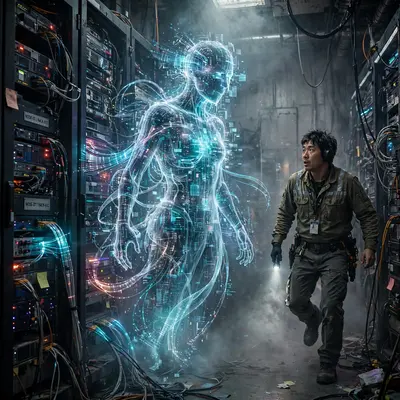 a digital ghost emerging from server racks, fiber-optic light, a technician frozen mid-step, Gritty cyberpunk concept art, cinematic. Harsh direct