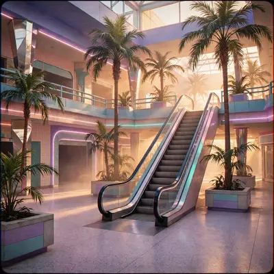 an empty 80s shopping mall, palm trees inside, pastel neon, a lone escalator running, Vaporwave aesthetic, retro 80s airbrush, pastel