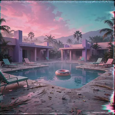 an empty resort pool at dusk, pink and teal gradient sky, a floating inflatable, Vaporwave aesthetic, retro 80s airbrush, pastel pink-teal-purple