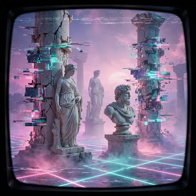 classical marble statues among glitching pillars, VHS tracking lines, pastel haze, Vaporwave aesthetic, retro 80s airbrush, pastel pink-teal-purple