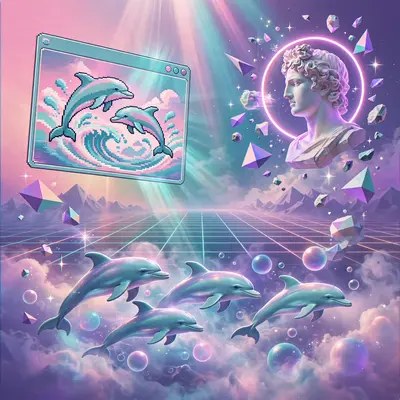 a collage of 90s computer windows, dolphins, and Greek busts floating in gradient space, Vaporwave aesthetic, retro 80s airbrush, pastel