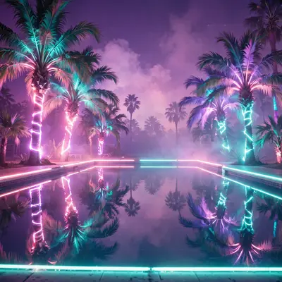 palm trees lit by neon around a still pool, mirror reflection, purple night sky, Vaporwave aesthetic, retro 80s airbrush, pastel pink-teal-purple