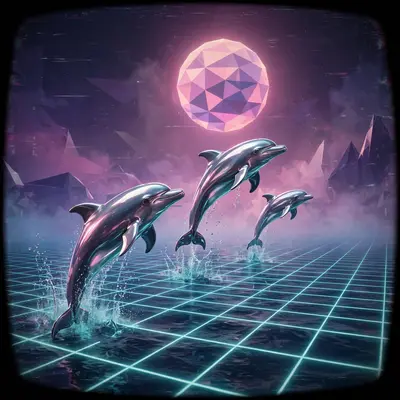 chrome dolphins leaping over a grid ocean under a low-poly sun, Vaporwave aesthetic, retro 80s airbrush, pastel pink-teal-purple palette. Dramatic