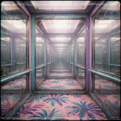 a mirrored elevator interior with palm-print carpet, muzak vibes, endless reflection, Vaporwave aesthetic, retro 80s airbrush, pastel