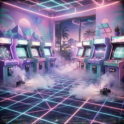an empty arcade with laser-grid carpet, glowing cabinets, fog machines, Vaporwave aesthetic, retro 80s airbrush, pastel pink-teal-purple palette