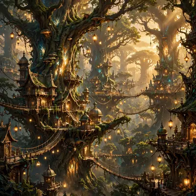 a city built in giant glowing trees, rope bridges, lanterns hanging from branches, Epic fantasy digital painting, rich detail, painterly. Warm