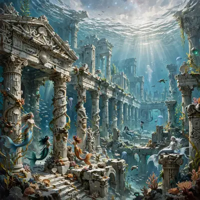 an underwater temple with starlight filtering down, mermaids among marble columns, Epic fantasy digital painting, rich detail, painterly. Soft