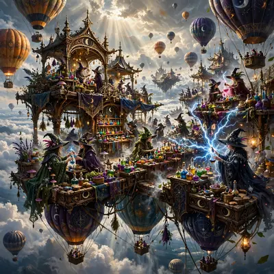 a market floating on hot air balloons, witches trading potions, clouds below, Epic fantasy digital painting, rich detail, painterly. Ethereal