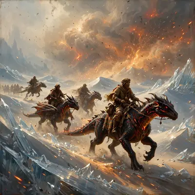 nomads riding ember-drakes across glass dunes, a sandstorm of sparks behind, Epic fantasy digital painting, rich detail, painterly. Harsh direct