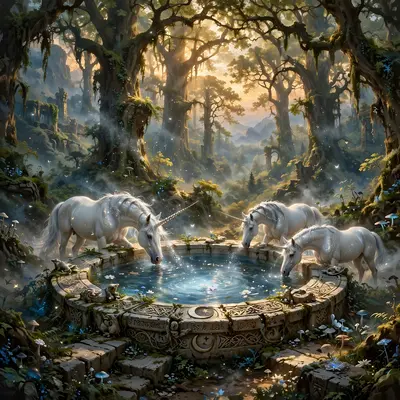 a sacred grove around a glowing moonwell, unicorns drinking, silver mist, Epic fantasy digital painting, rich detail, painterly. Warm golden-hour