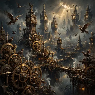 a kingdom of brass gears and clock towers, mechanical birds, steam rising, Epic fantasy digital painting, rich detail, painterly. Dramatic low-key