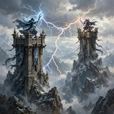 mountain peaks where storm mages duel, lightning forking between towers, Epic fantasy digital painting, rich detail, painterly. Soft diffused