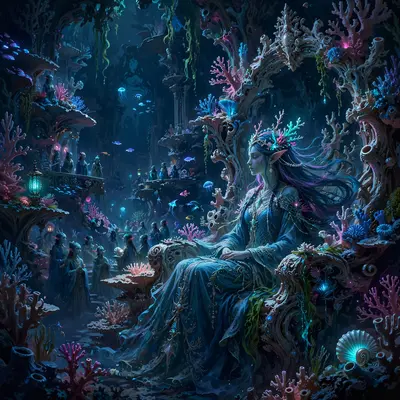 an undersea throne room of living coral, a sea-elf queen, bioluminescent court, Epic fantasy digital painting, rich detail, painterly. Neon-drenched