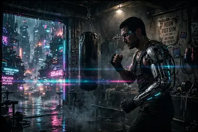Cinematic frame of a bionic boxer training in a basement gym, rendered in gritty neo-noir cyberpunk style amid towering megacity blocks. Low-key