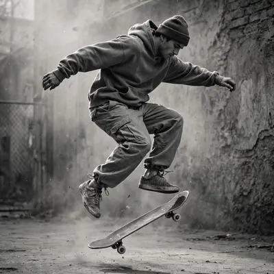 a skater mid-kickflip in baggy cargos and vintage sneakers, golden hour dust, high-fashion streetwear editorial photography, medium format look, Soft