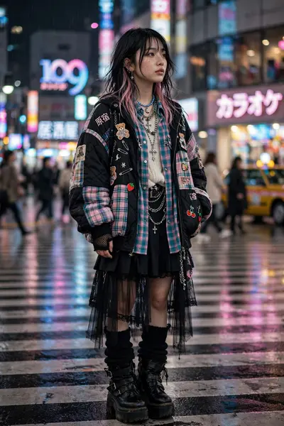 a model in layered Harajuku street style, platform boots, Shibuya crossing blur behind, high-fashion streetwear editorial photography, 85mm f/1.4