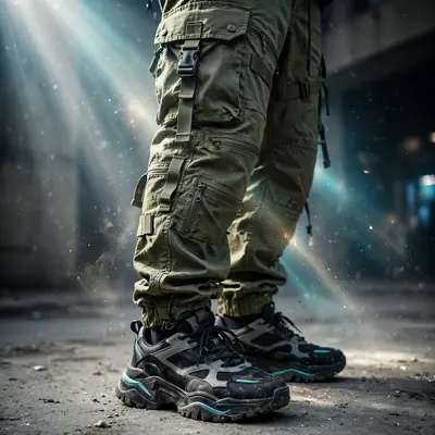 close-up of tactical cargo pants and chunky sneakers on concrete, harsh flash, high-fashion streetwear editorial photography, 35mm documentary