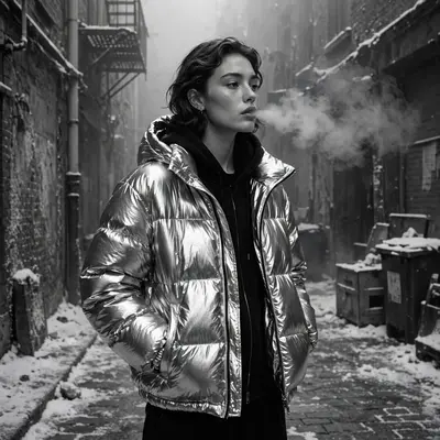 a model in a metallic puffer against a snow-dusted alley, breath visible, muted winter light, high-fashion streetwear editorial photography, medium