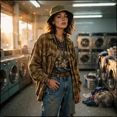 a model in head-to-toe thrifted 90s pieces, laundromat fluorescents, film grain, high-fashion streetwear editorial photography, 85mm f/1.4 shallow