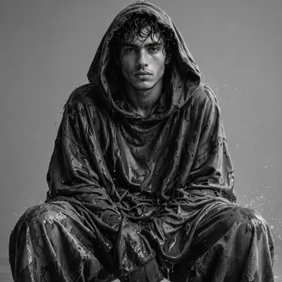 a model drowning in an oversized hoodie and wide jeans, studio backdrop, softbox light, high-fashion streetwear editorial photography, medium format