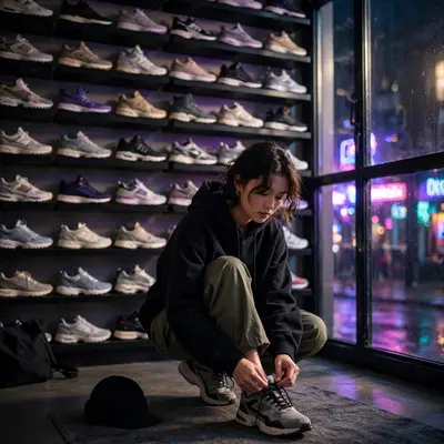 a collectors wall of rare sneakers, a model lacing up grails, morning window light, high-fashion streetwear editorial photography, 85mm f/1.4 shallow