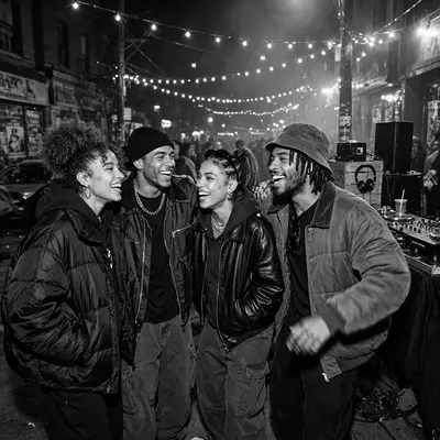 friends in statement streetwear at a block party, DJ booth, string lights, motion energy, high-fashion streetwear editorial photography, medium