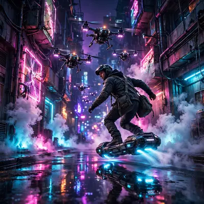 retro-futurist synthwave art style depiction of a courier on a hoverboard outrunning drones, caught between flickering signs and steam vents