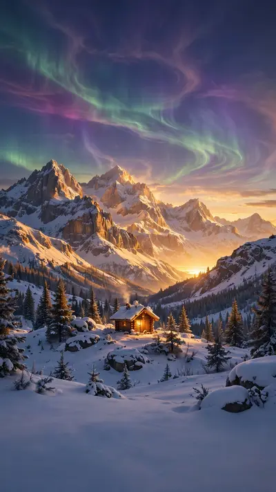 northern lights rippling over snowy peaks, a tiny cabin glowing, vertical composition, vertical 9:16 phone wallpaper composition, subject centered in