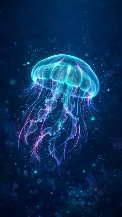 glowing jellyfish drifting upward through deep blue, vertical composition, vertical 9:16 phone wallpaper composition, subject centered in the upper