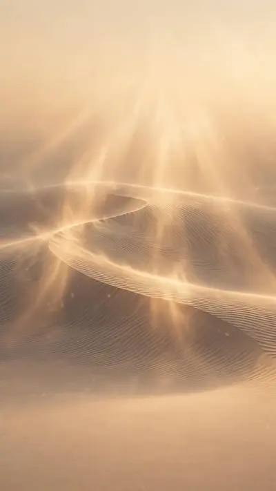 wind-carved dune ridges at golden hour, minimal lines, warm tones, vertical 9:16 phone wallpaper composition, subject centered in the upper