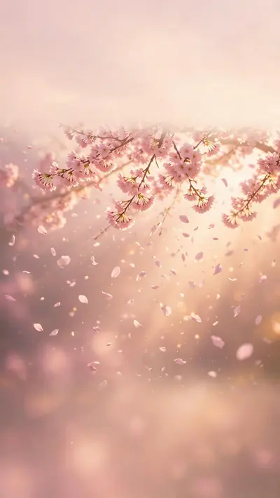 cherry blossom petals falling through soft pink light, dreamy vertical frame, vertical 9:16 phone wallpaper composition, subject centered in the