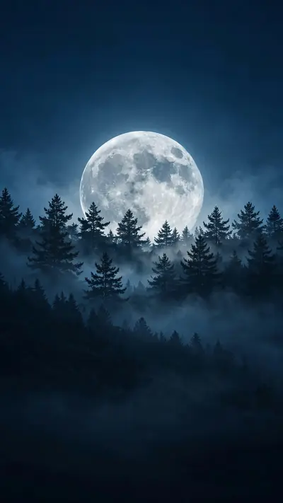 a huge full moon rising behind pine silhouettes, mist, deep blues, vertical 9:16 phone wallpaper composition, subject centered in the upper