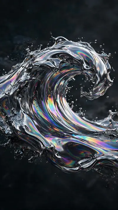 a liquid chrome wave frozen mid-curl, holographic reflections, dark background, vertical 9:16 phone wallpaper composition, subject centered in the
