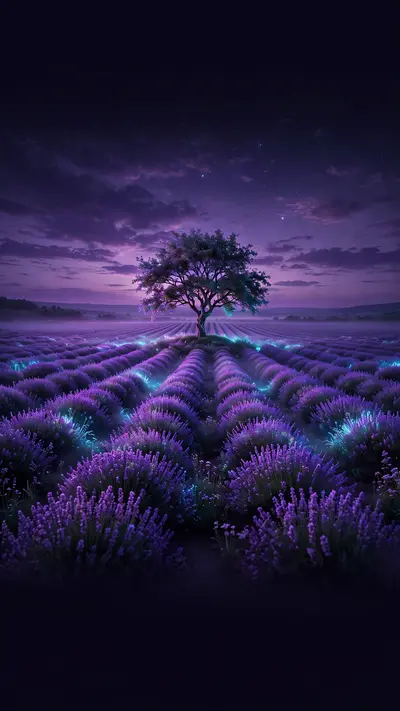 endless lavender rows under a purple dusk sky, a lone tree, vertical, vertical 9:16 phone wallpaper composition, subject centered in the upper