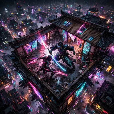 Moody high-contrast digital cyberpunk art scene: a cyber-dojo master mid-duel, the city humming behind them. Strobing club-light bursts cut through