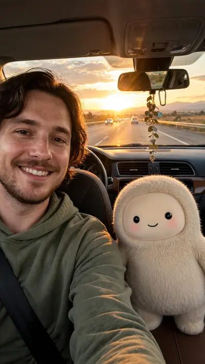 Reference my uploaded photo for the exact faces, skin tones, and features. Nothing about identities should change. Place us inside a car on a long