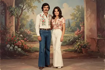 Reference my uploaded photo for the exact faces, skin tones, and features. Nothing about identities should change. Restyle into a vintage 1970s