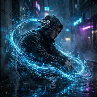 a lone netrunner jacked into a data stream rendered in moody dystopian concept art, chrome glinting under the downpour. Volumetric neon haze set a