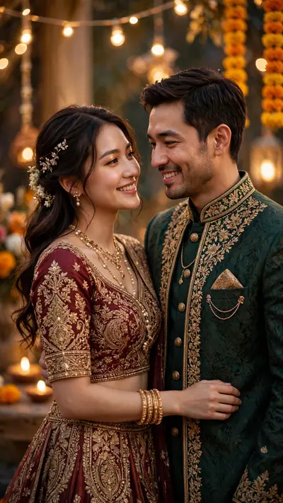 Create a vertical 9:16 portrait of an elegant couple in festive traditional outfits. Graceful coordinated pose, warm golden tones, soft celebratory