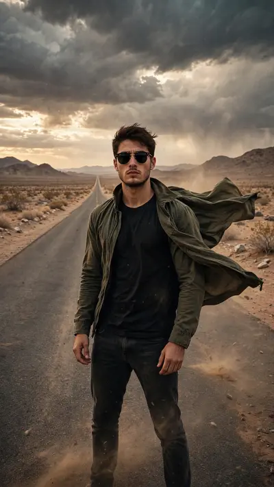 Create a vertical 9:16 portrait of a young man with sunglasses standing in the middle of an empty desert road. Dramatic cloudy sky, wind in his