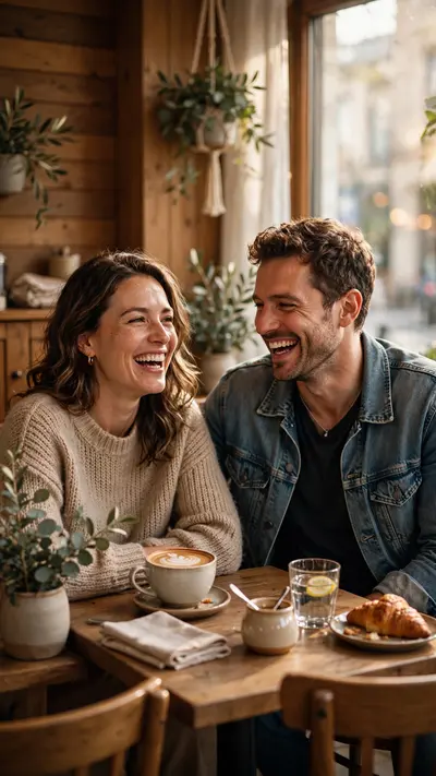 Create a vertical 9:16 portrait of a happy couple sharing coffee at a cozy cafe in soft morning light. Candid laughter, warm wooden interior with