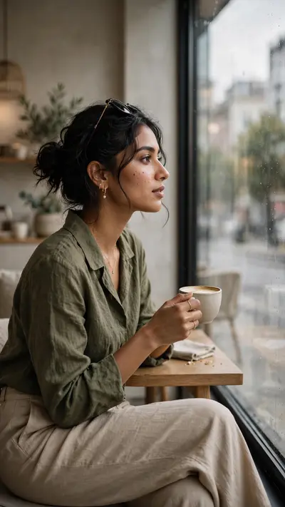 Create a professional ultra-realistic lifestyle photograph of a stylish young Indian woman sitting beside a large window inside a premium minimalist