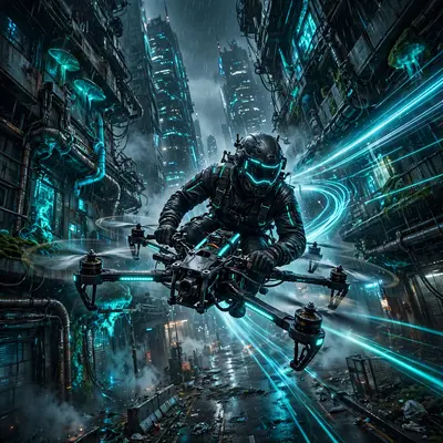 High-octane cinematic cyberpunk realism artwork of a drone racer weaving between skyscrapers, motion frozen amid the storm. Bioluminescent accent