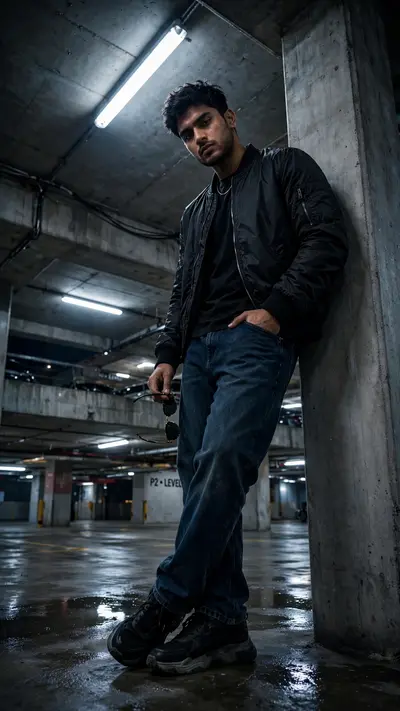 Create an ultra-realistic cinematic Instagram portrait of a stylish young Indian man leaning casually against a modern concrete pillar inside a