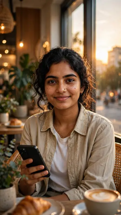 Create a viral-style ultra-realistic AI portrait of a beautiful young Indian girl sitting beside a large window in a modern café, wearing an elegant