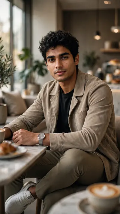 Create an ultra-realistic editorial photograph of a handsome young Indian man sitting at an elegant modern café, wearing a sophisticated casual
